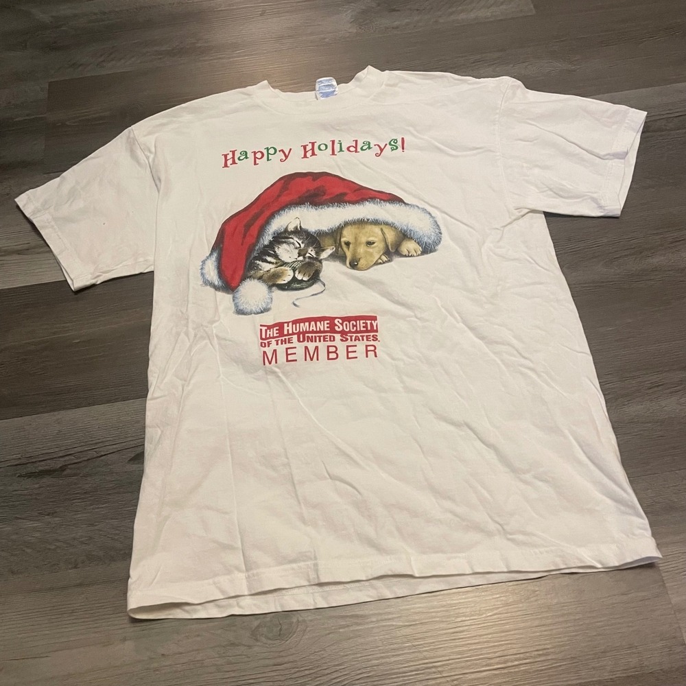 Vintage Humane Society Member Happy Holidays T-Shirt Mens Large White Puppy Cat